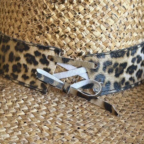 Leopard Print Straw Cowboy Hat With Rhinestone Embellishment & Adjustable Bow De - Picture 6 of 13